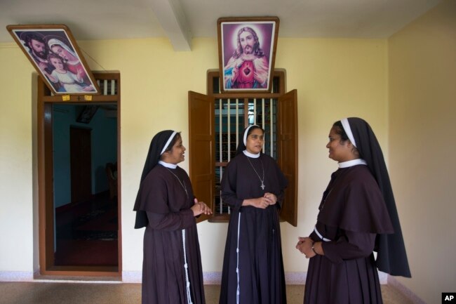 Sister Josephine Villoonnickal, left, sister Alphy Pallasseril, center, and Sister Anupama Kelamangalathu, who have supported the accusation of rape against Bishop Franco Mulakkal talk at St. Francis Mission Home in Kuravilangade, Nov. 4, 2018.