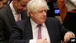 British Foreign Secretary Boris Johnson attends a meeting during the United Nations General Assembly at U.N. headquarters, Sept. 18, 2017. 