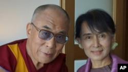 His Holiness the Dalai Lama with Aung San Suu Kyi in London, England, on June 19, 2012.