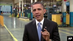 Barack Obama delivers his weekly address from a hybrid technology plant in the state of Indiana, May 7, 2011