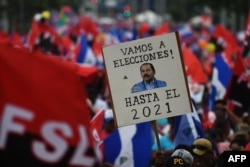 A supporter of embattled Nicaraguan President Daniel Ortega holds a placard reading "Let's go to the Polls. (Ortega) Till 2021" during the government-called "Walk for Security and Peace" in Managua, July 7, 2018.
