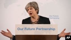 Prime Minister Theresa May delivers a speech on Britain's exit strategy from the European Union, at Mansion House, London, March 2, 2018. 