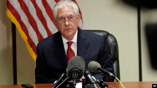 Secretary of State Rex Tillerson speaks during a news conference at the Palm Beach International Airport in West Palm Beach, Florida, April 6, 2017. Unline U.N. envoy Nikki Haley, Tillerson assigns priority to tackling Islamic State militants prior to dealing with the stabilization of Syria.