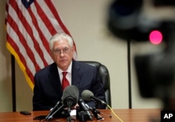 Secretary of State Rex Tillerson speaks during a news conference at the Palm Beach International Airport in West Palm Beach, Florida, April 6, 2017.