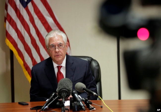 U.S. Secretary of State Rex Tillerson speaks during a news conference at the Palm Beach International Airport in West Palm Beach, Florida, April 6, 2017. Tillerson said there was "no role" for Bashar al-Assad to govern Syria in the future.