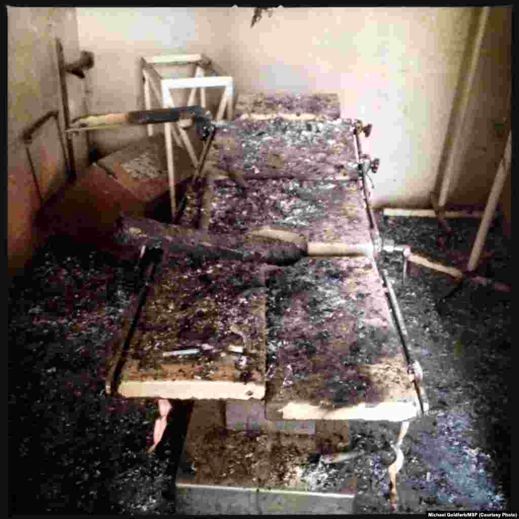 A burnt, damaged operating table at Leer Hospital in Unity state.