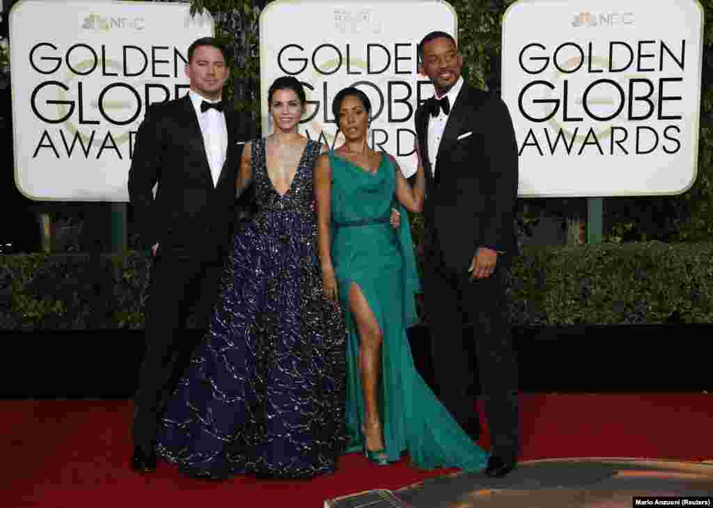 Os casais Channing Tatum e Jenna Dewan-Tatum e Will Smith e Jada Pinkett Smith (da esq para a dir) nos Globos de Ouro