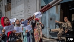 Seorang anggota Taliban menyaksikan para wanita Afghanistan memegang plakat selama demonstrasi menuntut hak yang lebih baik bagi perempuan di depan bekas Kementerian Urusan Perempuan di Kabul pada 19 September 2021. (Foto: AFP)