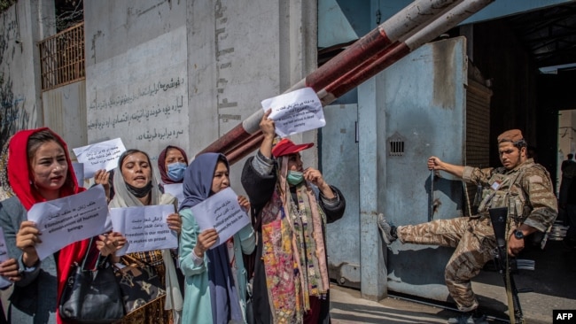 Seorang anggota Taliban menyaksikan para wanita Afghanistan memegang plakat selama demonstrasi menuntut hak yang lebih baik bagi perempuan di depan bekas Kementerian Urusan Perempuan di Kabul pada 19 September 2021. (Foto: AFP)