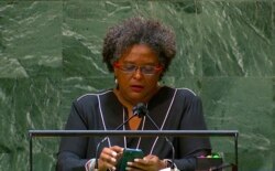 Perdana Menteri Barbados Mia Amor Mottley saat berpidato di Sidang Umum PBB ke-76di markas PBB, New York, Jumat, 24 September 2021.