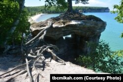 Chapel Rock was once connected to the mainland by an arch which fell in the 1940s. Today all that remains are roots of the white pine.