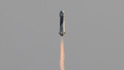 USA, Texas, Billionaire businessman Jeff Bezos is launched with three crew members aboard a New Shepard rocket