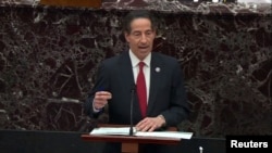 Ketua penuntut DPR AS untuk Pemakzulan Trump, Jamie Raskin berbicara pada sidang pemakzulan di Senat AS, Selasa (9/2). 