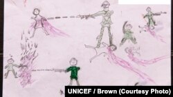 [NAME CHANGED] On Oct. 2, 2017, a drawing by a Rohingya boy, Abdul, revealing the horrific experiences he endured while fleeing from Myanmar to Bangladesh, at the children friendly space at the Balukhali makeshift refugee camp in Cox’s Bazar district in Bangladesh.