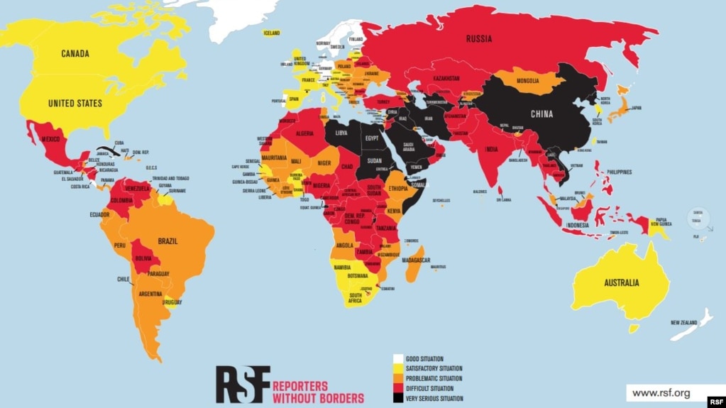 Bản đồ Chỉ số Tự do Báo chí Thế giới 2021 của Tổ chức Phóng viên Không Biên giới (RSF) cho thấy Việt Nam trong nhóm các nước màu đen vì có môi trường bị RSF coi là "rất tồi tệ" đối với tự do báo chí.
