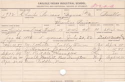 Information card for Charles Paisano, a Carlisle Indian School student who died while on summer outing.