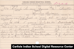 Information Card For Charles Passano, A Student At Carlisle Indian School Who Died During A Summer Walk.
