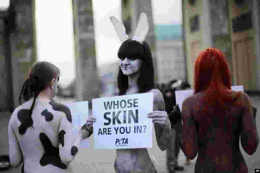 Three protesters from the animal rights organization PETA show posters against use of furs in the fashion industry prior to the launch of the Mercedes Benz Fashion Week for Autumn Winter 2014, in Berlin, Germany.