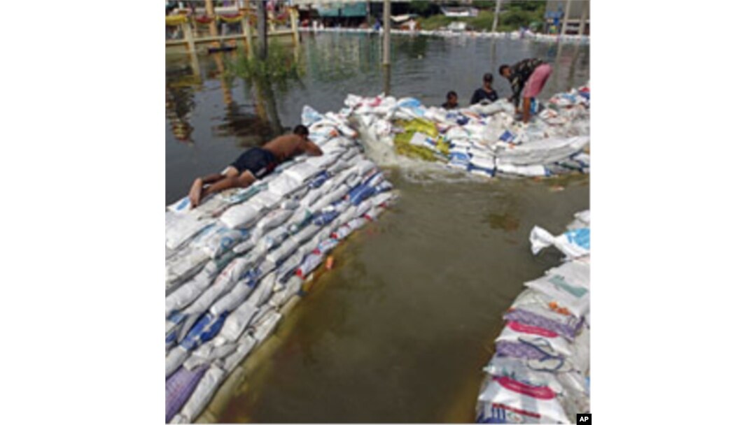 Soldiers use sand bags to build barriers in flooded Pathum Thani province, in Bangkok's suburbs October 20, 2011.