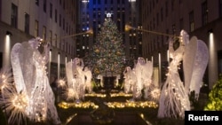 2016年11月30日美国纽约洛克菲勒中心点亮圣诞树。