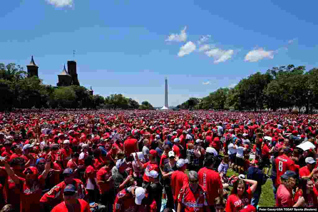 Fan crowd on the National Mall during the Stanley Cup championship parade and celebration in Washington.