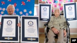 This combination of two undated photos released by Guinness World Records on Tuesday, Sept. 21, 2021, show sisters Umeno Sumiyama, left, and Koume Kodama at separate nursing homes in Shodoshima island, left, and Oita prefecture, Japan. 