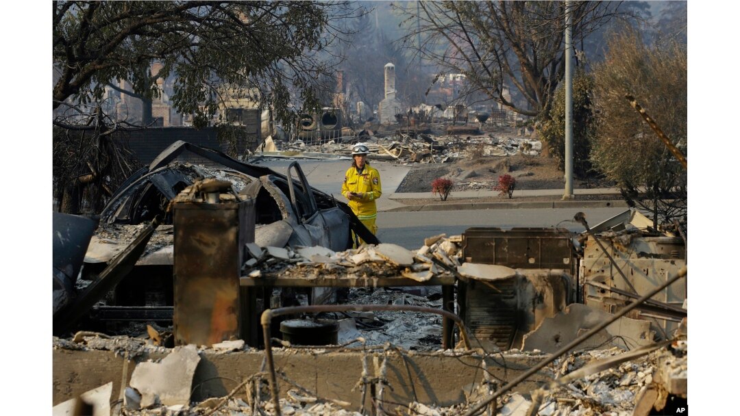 A California Fire Department forester inspects damage at homes destroyed by fires in Santa Rosa, California, Oct. 12, 2017.