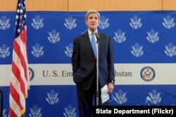 U.S. Secretary of State John Kerry addresses parents and kids at a meet and greet at U.S. Embassy Astana in Astana, Kazakhstan on Nov. 2, 2015.