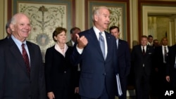 Vice President Joe Biden meets with Democratic members of the Senate Foreign Relations Committee, Washington, Thursday, July 16, 2015, to pitch the nuclear agreement with Iran.