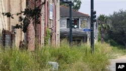 Destroyed buildings and overgrown weeds are seen from Flood St. looking toward Caffin St. in New Orleans, August 25, 2011.