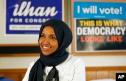 FILE - Democrat Ilhan Omar is interviewed in Minneapolis after winning Minnesota's 5th Congressional District race, Nov. 7, 2018.