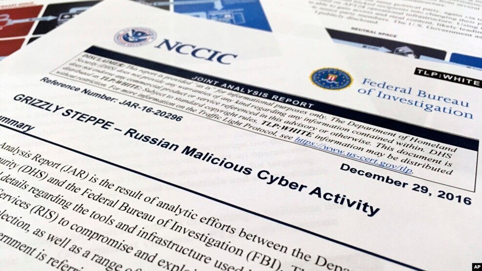 The first page of the Joint Analysis Report narrative by the Department of Homeland Security and federal Bureau of Investigation and released on Dec. 29, 2016, is photographed in Washington, Jan. 6, 2017. 