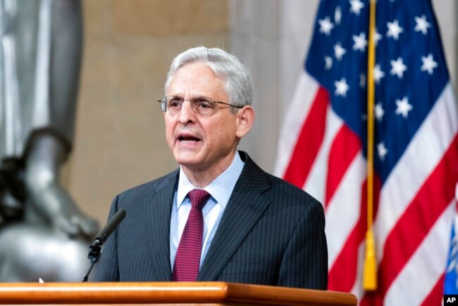 FILE - Attorney General Merrick Garland speaks at the Justice Department in Washington, Oct. 22, 2021.