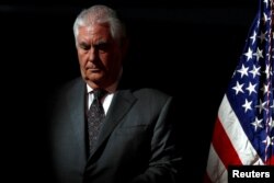 FILE - U.S. Secretary of State Rex Tillerson participates in the first meeting of the U.S. National Space Council at the National Air and Space Museum's Udvar-Hazy Center in Chantilly, Virginia, Oct. 5, 2017.