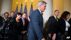House Majority Leader Kevin McCarthy of California leaves a news conference after dropping out of the race to replace House Speaker John Boehner, on Capitol Hill in Washington, D.C., Oct. 8, 2015.