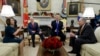 President Donald Trump and Vice President Mike Pence meet with Senate Minority Leader Chuck Schumer, D-N.Y., and House Minority Leader Nancy Pelosi, D-Calif., in the Oval Office of the White House, Tuesday, Dec. 11, 2018, in Washington. 