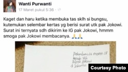 Surat Bulan Karunia Rudianti yang dikirimkan kepada Presiden Jokowi (Courtesy: Purwanti).