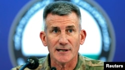 U.S. Army General John Nicholson, Commander of Resolute Support forces and U.S. forces in Afghanistan, speaks during a news conference in Kabul, Afghanistan, Nov. 20, 2017. 