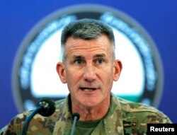 FILE - U.S. Army General John Nicholson, Commander of Resolute Support forces and U.S. forces in Afghanistan, speaks during a news conference in Kabul, Afghanistan, Nov. 20, 2017.