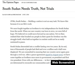 Image of op-ed allegedly written by South Sudanese President Salva Kiir and his rival-turned-First Vice President Riek Machar, which was published in The New York Times, June 7, 2016.