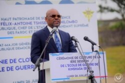 Francois Beya, le conseiller en sécurité du Président de la RDC Felix Tshisekedi, lors de l'ouverture de l'Ecole de guerre, à Kinshasa, le 26 juillet 2021.