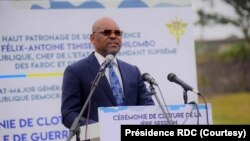 François Beya, conseiller à la sécurité du président de la RDC Félix Tshisekedi, lors de l'ouverture de l'Ecole de guerre, à Kinshasa, le 26 juillet 2021.