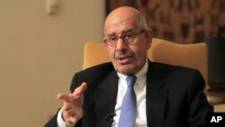 Former director of the U.N.'s nuclear agency and Nobel peace laureate Mohamed ElBaradei speaks during a news conference following the meeting of the National Salvation Front, Egypt’s main opposition coalition, in Cairo, Jan. 28, 2013.