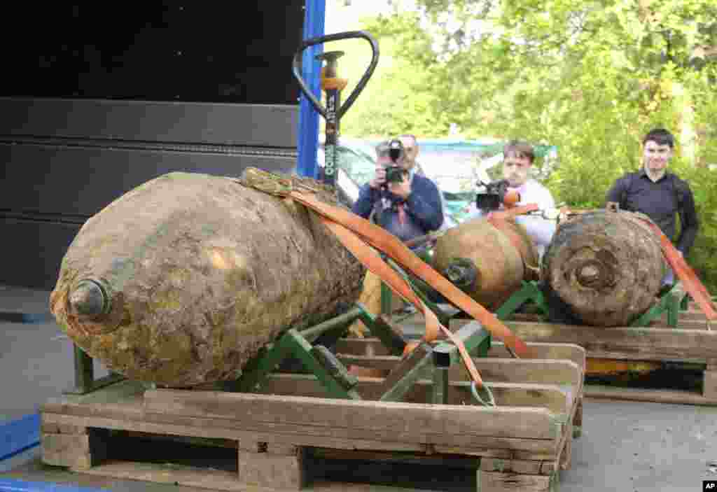 Three defused WWII bombs sit on a truck in Hannover, northern Germany, May 7, 2017.