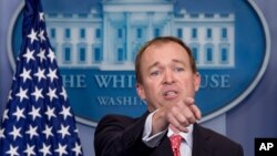 Budget Director Mick Mulvaney speaks to the media during the daily press briefing at the White House, May 2, 2017, in Washington. 