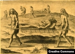 "Employments of the Hermaphrodites," an engraving published by Theodor de Bry (1591), after a watercolor by Jacques Le Moyne de Morgues, in what is today Florida. In some tribal cultures, two spirits cared for the sick and buried the dead.