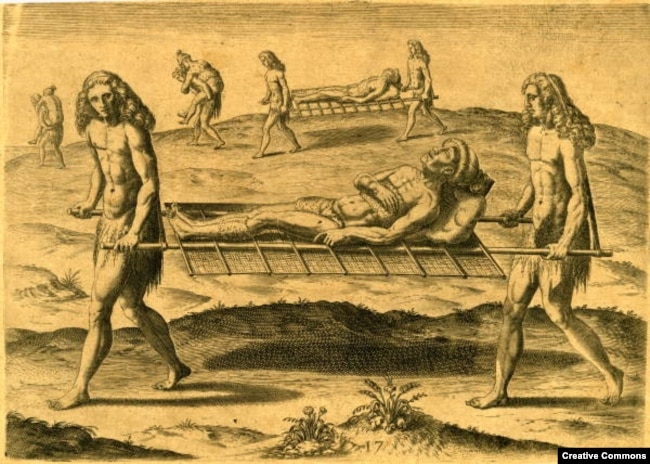 "Employments of the Hermaphrodites," an engraving published by Theodor de Bry (1591), after a watercolor by Jacques Le Moyne de Morgues, in what is today Florida. In some tribal cultures, two spirits cared for the sick and buried the dead.
