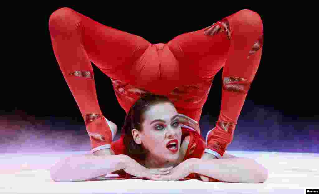 Contortionist Nina Burri performs during a rehearsal of the new show of Swiss National-Circus Knie in the town of Rapperswil, east of Zurich.