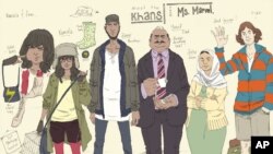 Karakter-karakter komik Ms. Marvel, dari kiri ke kanan: Kamala Khan, abangnya Aamir, ayah Yusuf, ibu Disha, dan temannya Bruno. (AP/Marvel Comics)