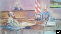In this courtroom sketch defense witness Stephen Bennett, right, testifies as Maj. Nidal Malik Hasan, left, and presiding judge Col. Tara Osborn look on in court during Hasan's court-martial in Fort Hood, Texas, Aug. 20, 2013. 